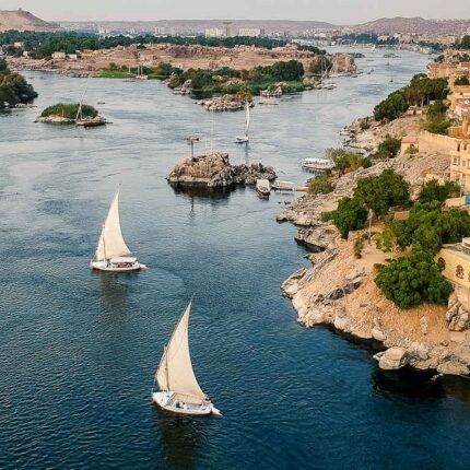 Sailboats navigating the Nile River, surrounded by rocky shores and lush greenery.